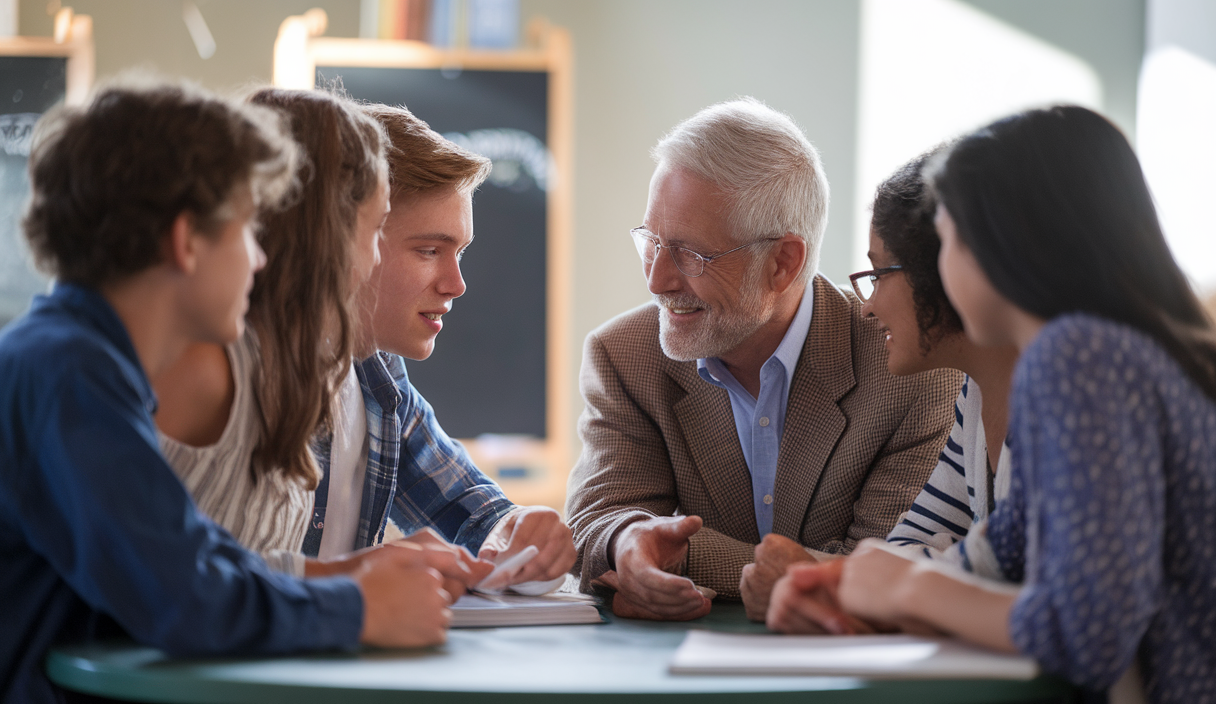 Des jeunes étudiant en groupe avec un mentor dans un environnement éducatif inspirant.