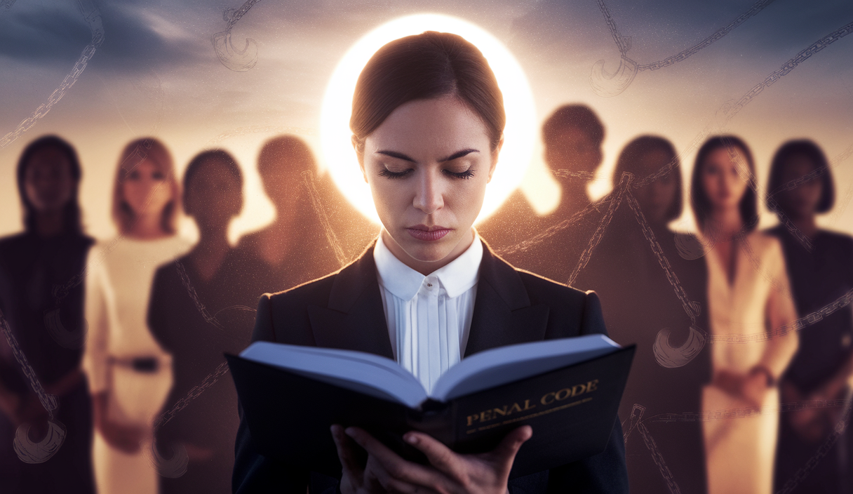 Image symbolique sur la clarification du Code pénal français et les droits des femmes.