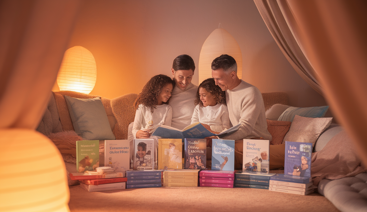 Une famille heureuse entourée de livres d'éducation parentale