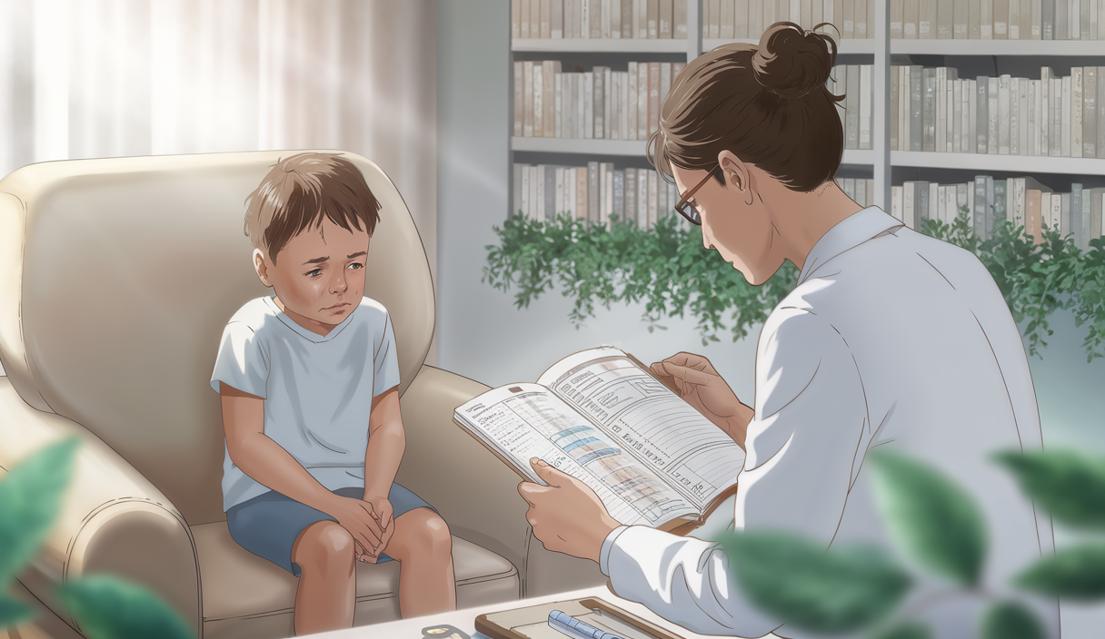 Un enfant assis seul avec un adulte qui consulte des notes, soulignant l'importance d'un diagnostic précis