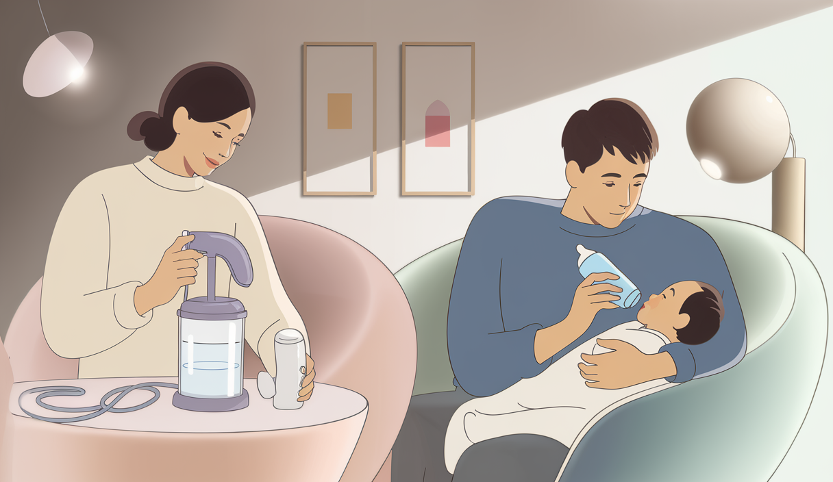 Illustration douce représentant diverses méthodes alternatives d'allaitement en parentalité moderne