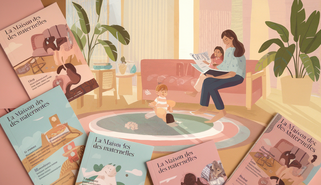 Famille heureuse lisant un magazine de La Maison des Maternelles