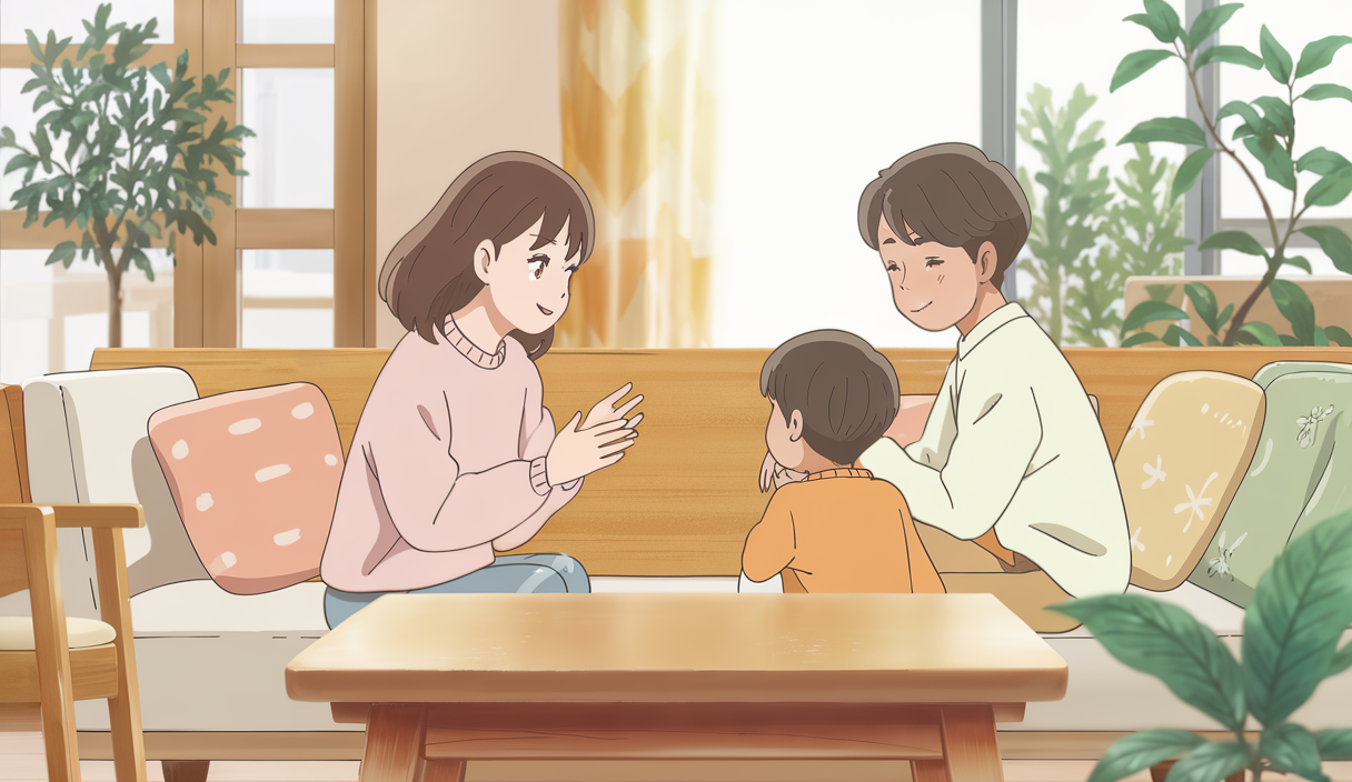 Illustration chaleureuse montrant un moment tendre de communication entre parents et enfants