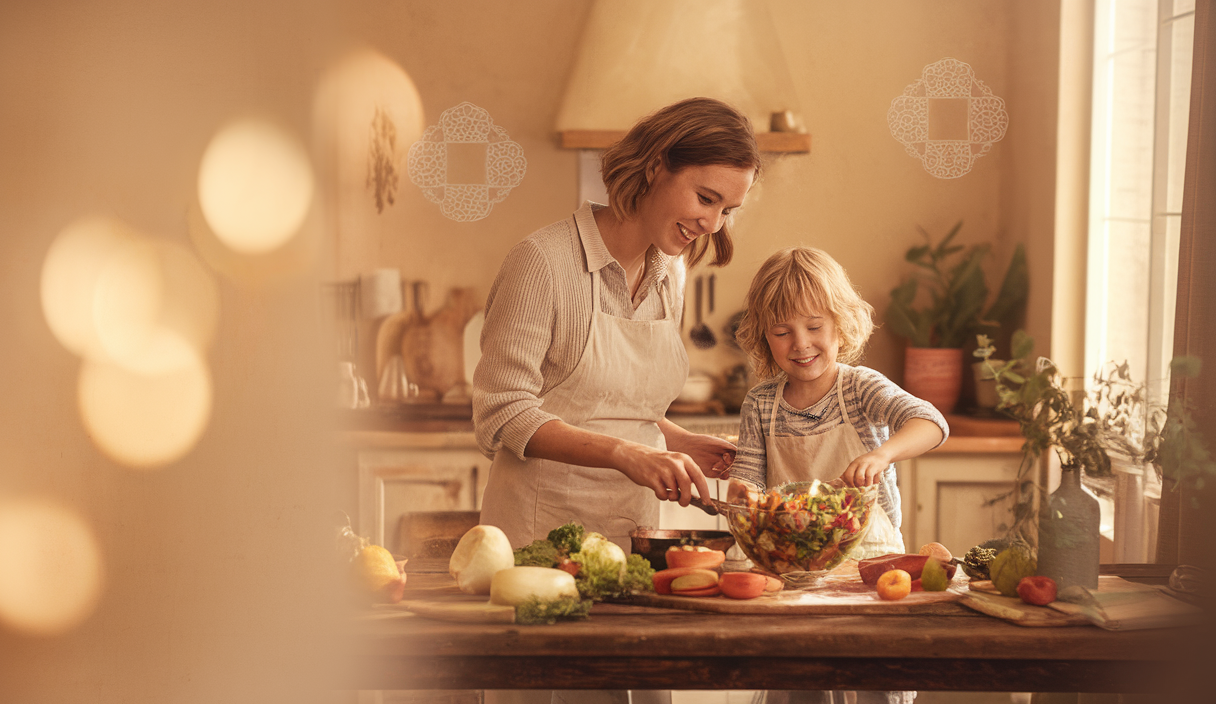 Scène chaleureuse de cuisine familiale mettant en avant des repas faits maison