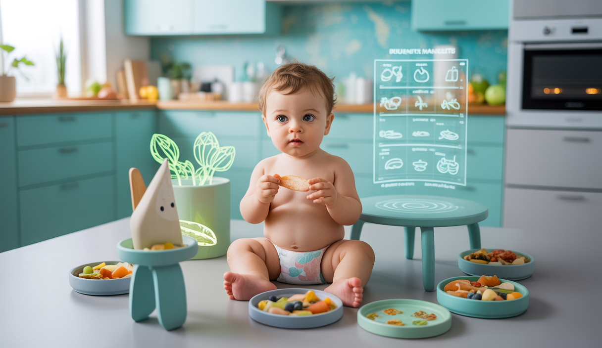Un nourrisson explorant des aliments divers dans un environnement futuriste.