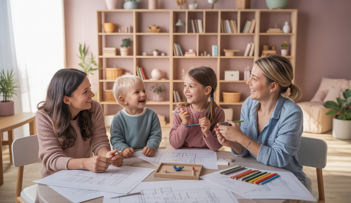 Une famille heureuse planifiant leur espace de vie ensemble