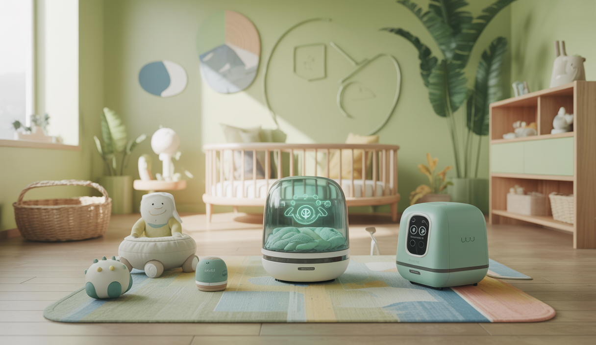 Illustration d'innovations en puériculture pour 2025 avec objets connectés et produits écologiques.