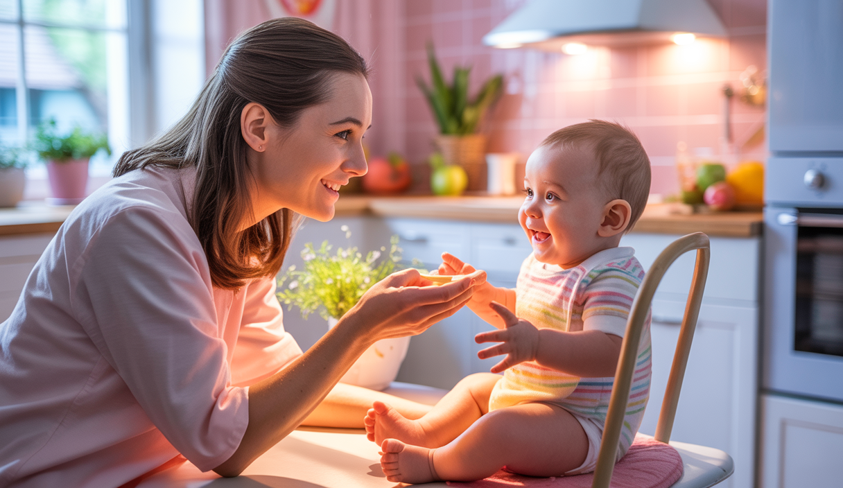 Image vibrante d'une mère nourrissant son bébé avec des aliments complémentaires