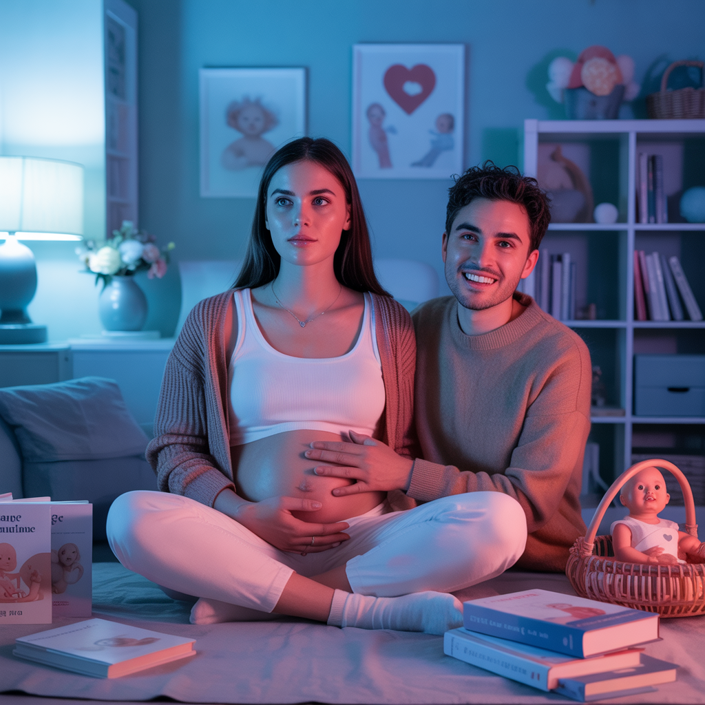 Scène détaillée et émotionnelle illustrant les étapes de l'accouchement et la préparation des futurs parents.