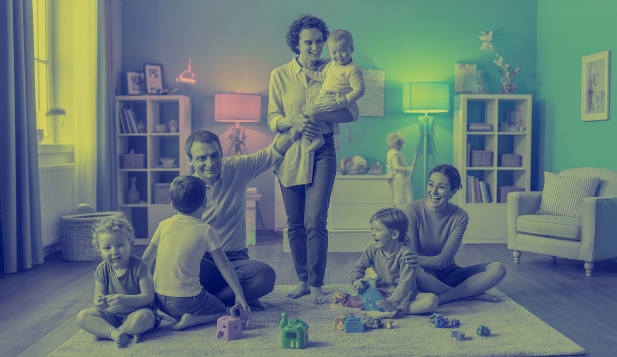 Image d'une famille nombreuse en transition harmonieuse avec organisation et équilibre.