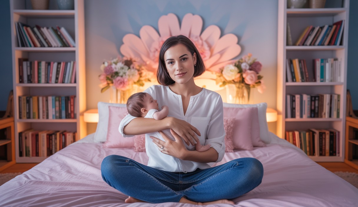 Une mère tenant tendrement son bébé, entourée d'une ambiance chaleureuse et sereine.