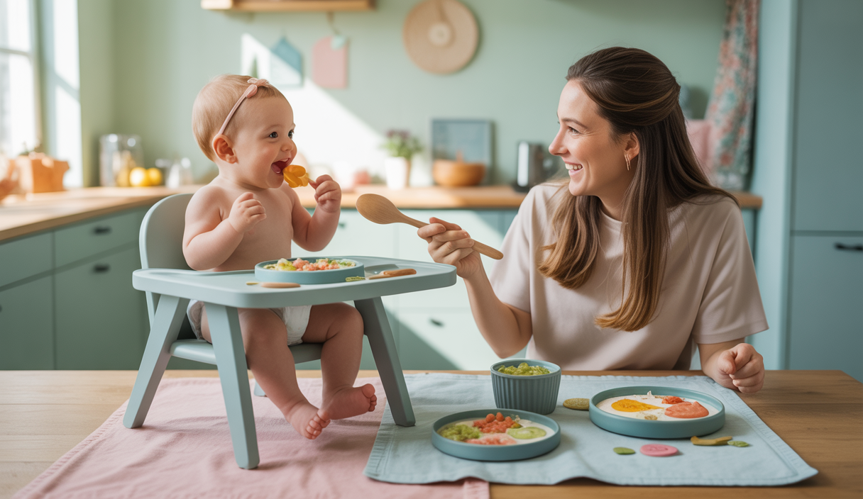 Illustration d'un bébé mangeant des aliments sains, soulignant les tendances nutritionnelles de 2025