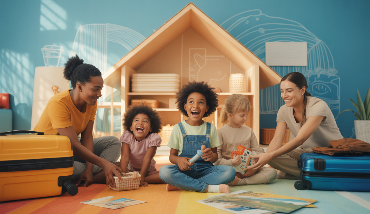 Une famille heureuse se préparant pour un voyage, montrant des conseils de sécurité et d'activités pour enfants.