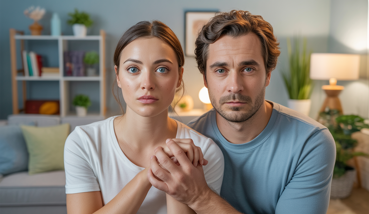 Une femme et un homme face à un horizon doux et brumeux, symbolisant le soutien émotionnel après une fausse couche