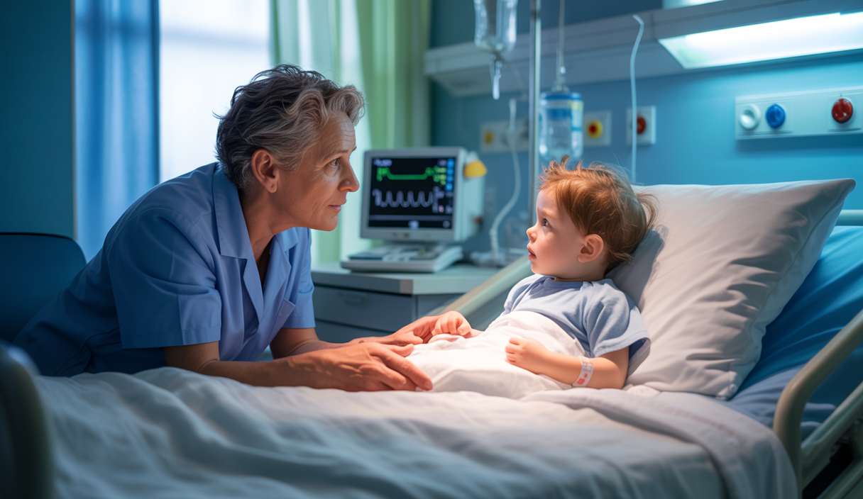 Parent vigilant observant son enfant malade avec inquiétude dans une chambre d'hôpital pédiatrique, symbolisant l'intuition parentale dans la détection précoce d'urgences médicales