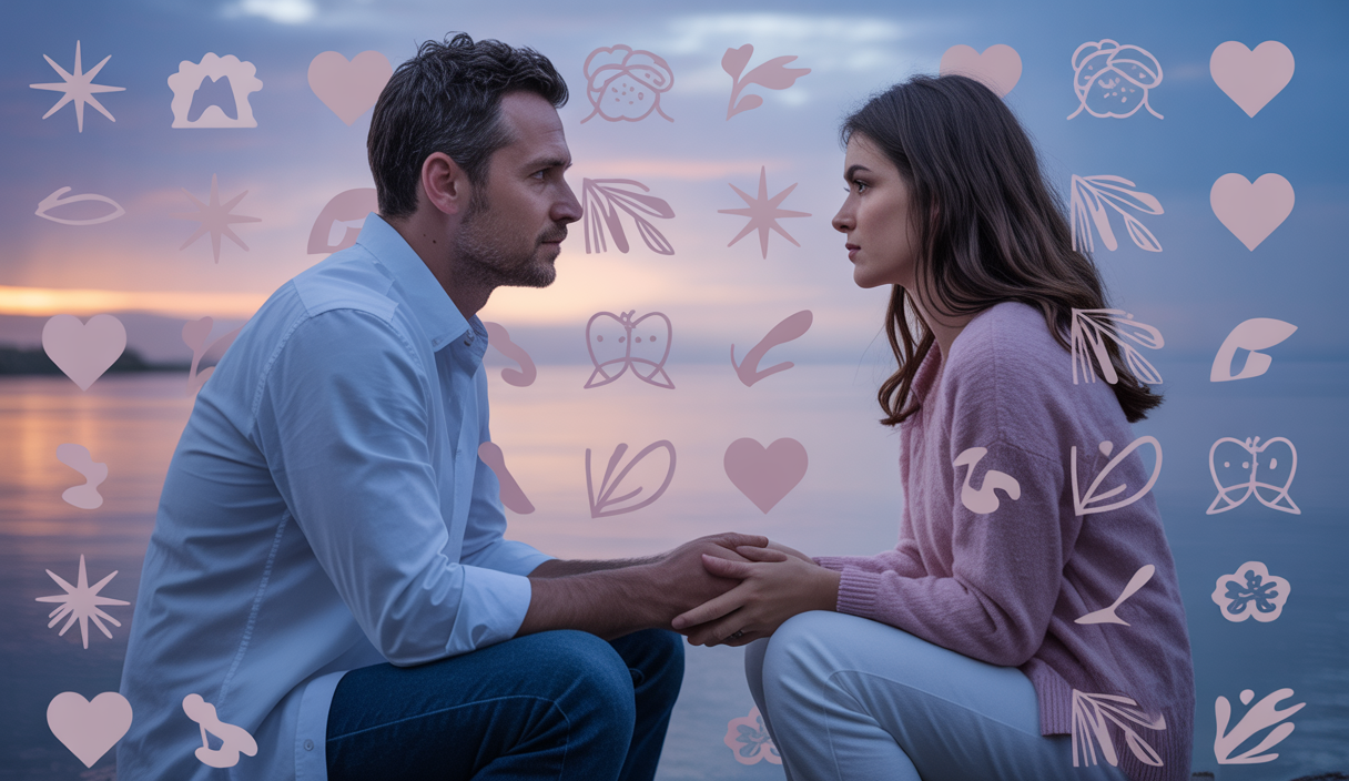 Un couple plongé dans une réflexion intense sur le chemin vers la parentalité, entouré de symboles de soutien et d'espoir.