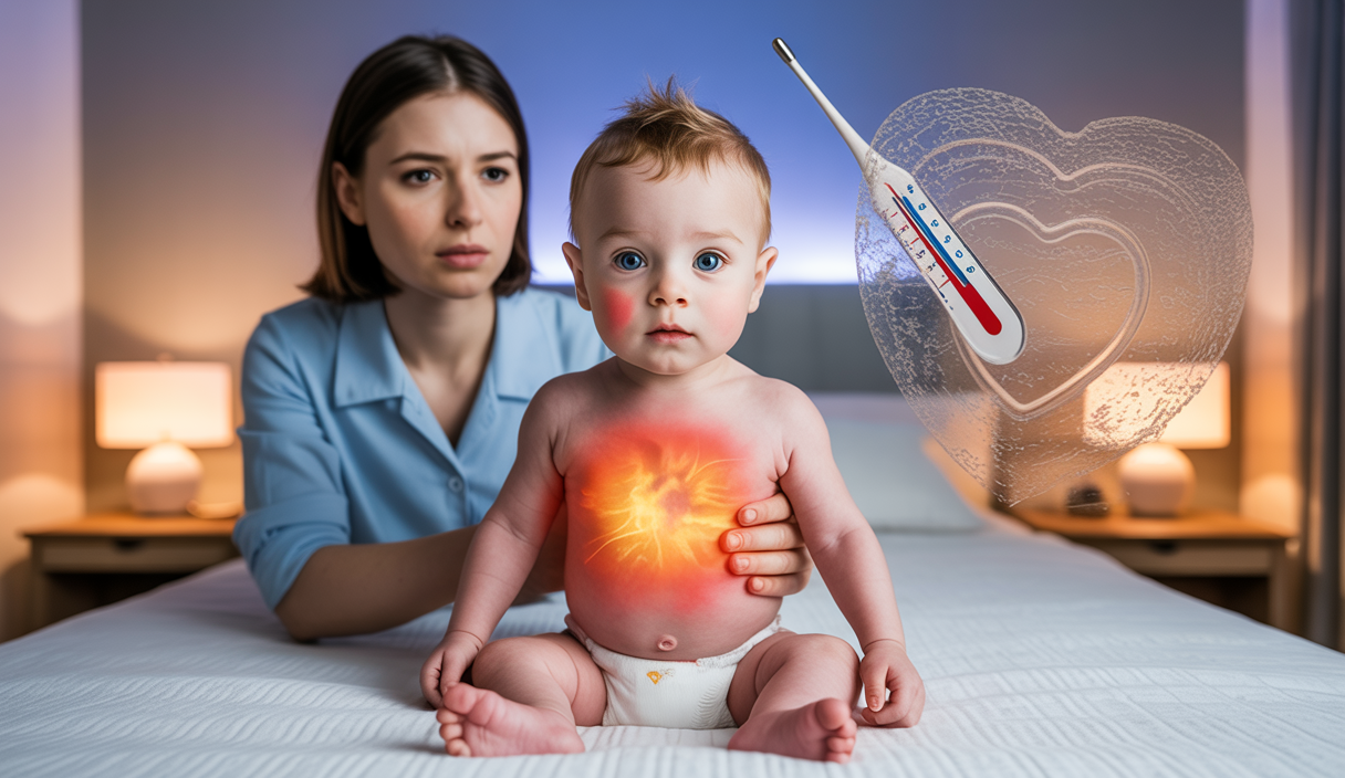 Illustration d'un nourrisson avec des signes de fièvre nécessitant une attention médicale.