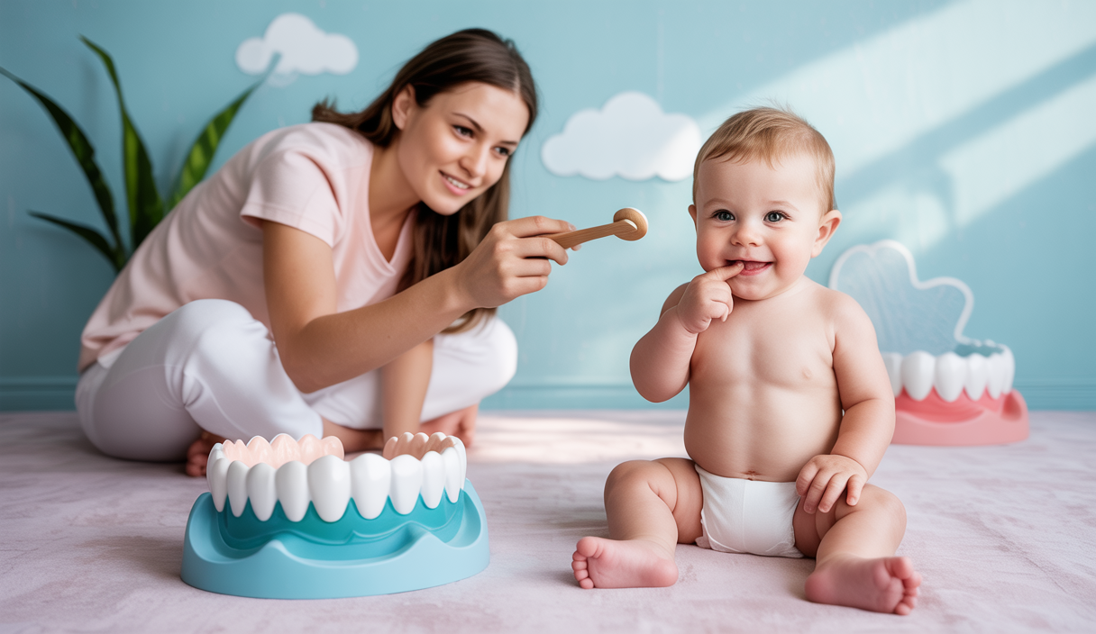 Illustration apaisante de méthodes naturelles pour soulager les douleurs dentaires chez les bébés.