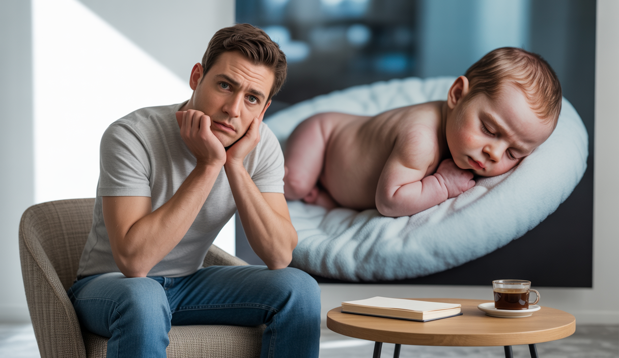 Un jeune père triste et épuisé assis dans un intérieur sobre, illustrant la dépression paternelle post-partum avec un bébé endormi en arrière-plan
