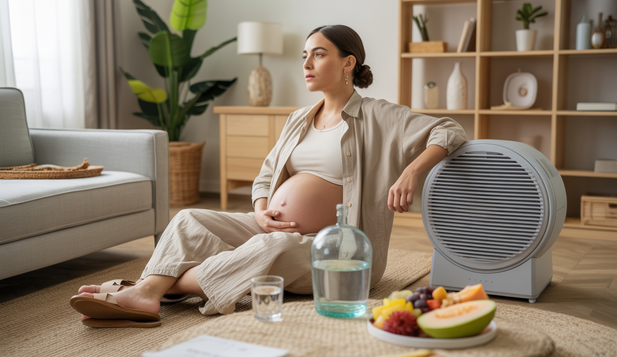 Femme enceinte dans un intérieur frais, prenant soin d'elle-même lors d'une vague de chaleur, entourée de bouteilles d'eau, de fruits et d'un ventilateur, affichant une expression sereine et attentive à sa santé.