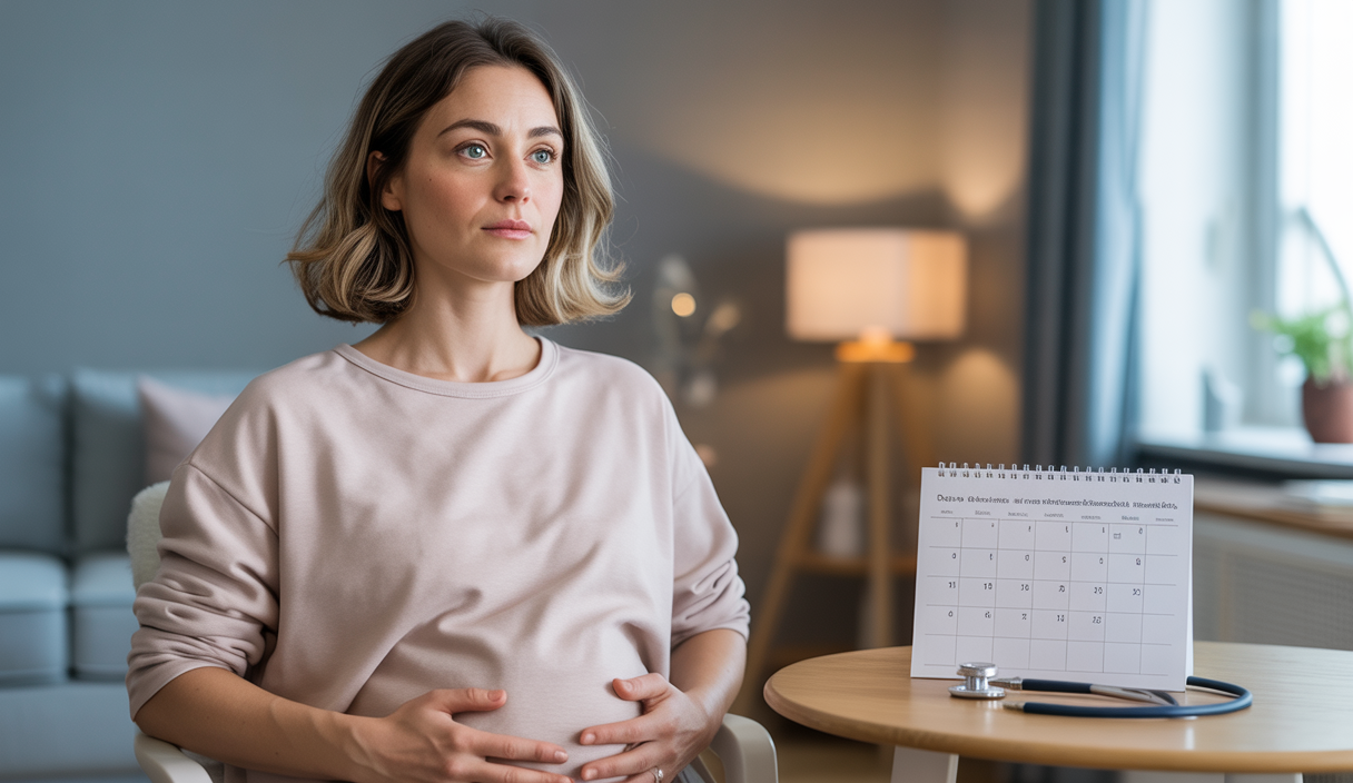 Portrait réaliste d'une femme de 45 ans enceinte, symbole de maternité tardive moderne avec ambiance chaleureuse et médicale