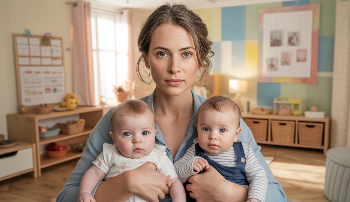 Portrait d'une mère fatiguée mais déterminée entourée de ses deux bébés jumeaux dans un intérieur chaleureux et organisé