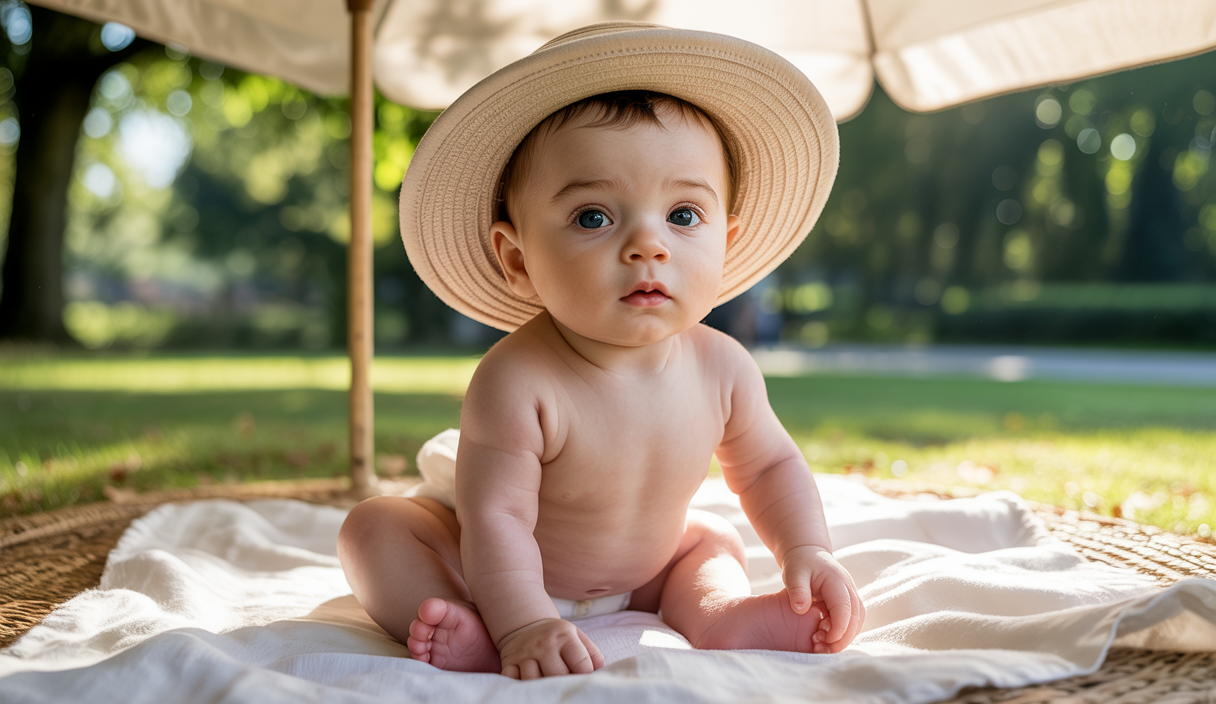 Bébé protégé du soleil avec un chapeau et des vêtements légers à l'ombre en extérieur