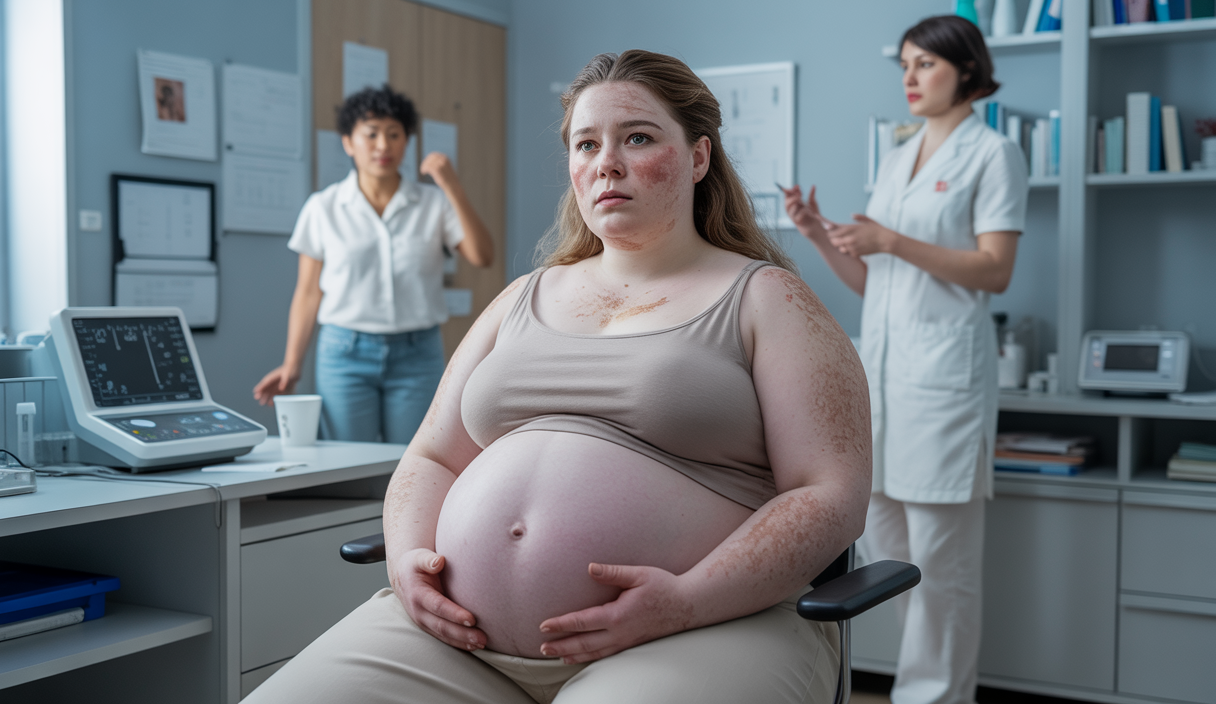 Une femme enceinte en surpoids subissant des attitudes grossophobes lors d’un suivi médical inclusif et respectueux