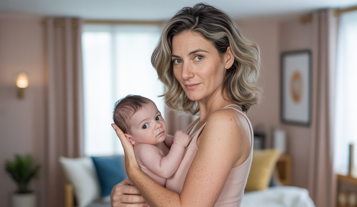 Portrait d'une femme française de plus de 40 ans rayonnante tenant un bébé dans un cadre moderne, symbolisant la maternité tardive facilitée par la procréation médicalement assistée