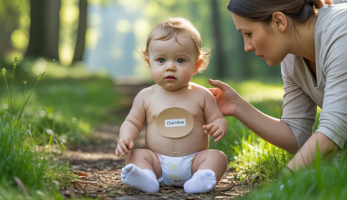 Bébé protégé des piqûres de tiques avec vêtements longs clairs, chapeau, et répulsif, inspecté avec attention dans un jardin boisé