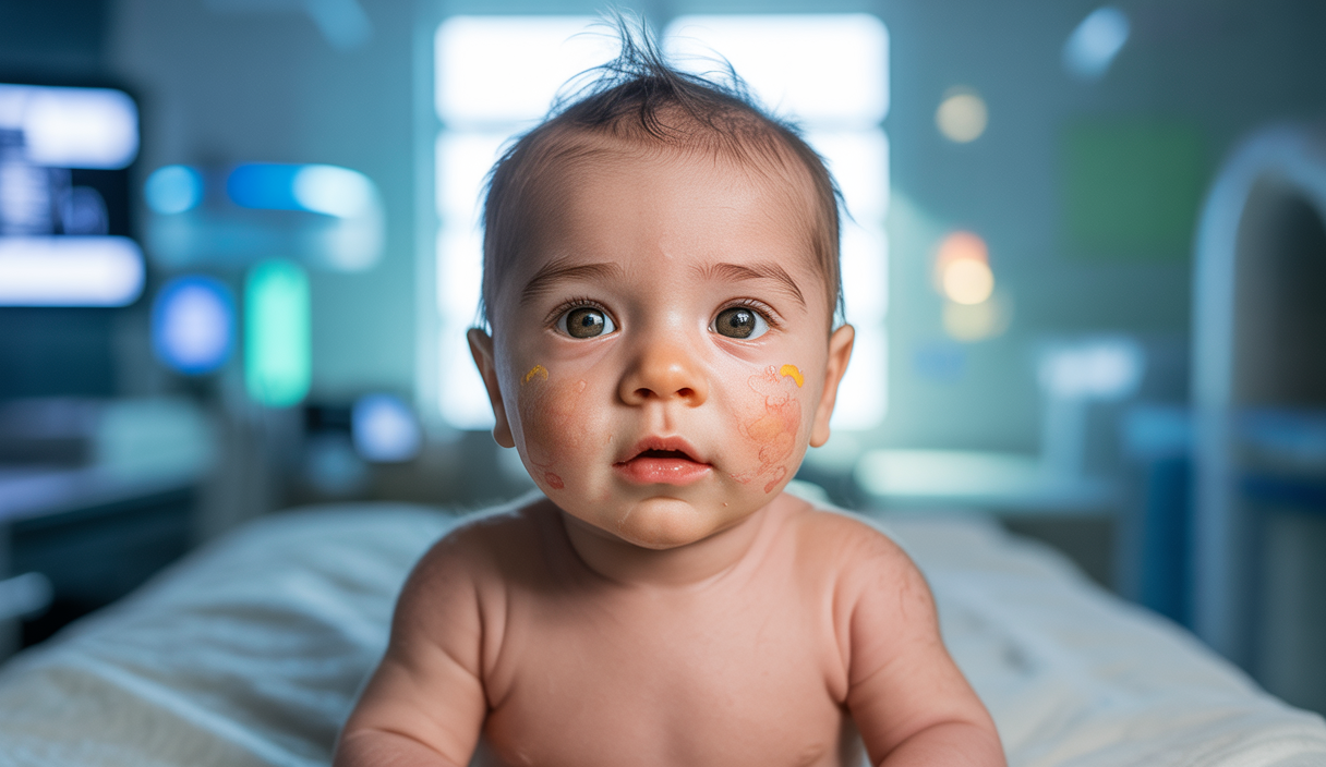 Bébé avec expression calme, montrant un regard fixe et mouvements subtils du visage, en environnement médical doux et rassurant