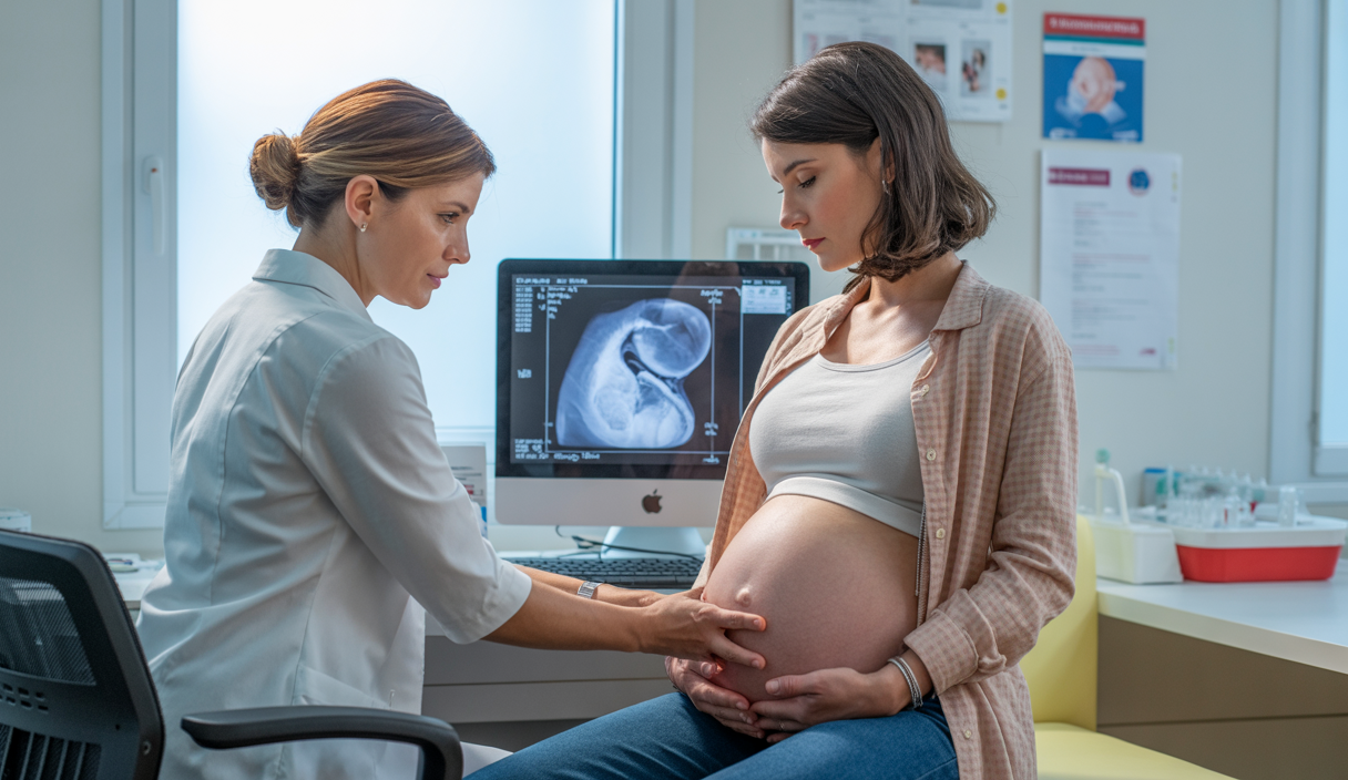 Femmes enceintes en consultation médicale pour suivi de grossesse prolongée avec dossier médical et échographie